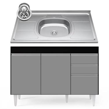 Imagem de Balcão Gabinete Com Pia Inox 120cm Michigan Preto/cinza - Lumil
