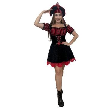 Imagem de Fantasia Pirata Luxo Feminina Adulto Cosplay - Fantek, G, Vermelho/Pre