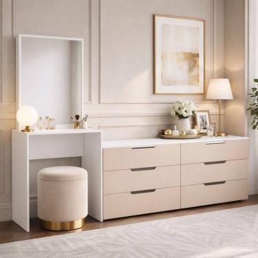 Imagem de Cômoda Penteadeira 6 Gavetas Madrid Creme/Branco