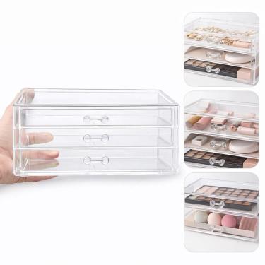 Imagem de Organizador Maquiagem Cosmeticos Com 3 Gavetas Estante Gaveteiro Joias Brincos Divisorias Acrilico Caixa Porta Batom Lap