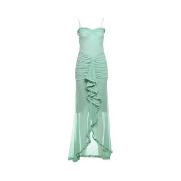 Imagem de Vestido Longo Bodycon Sexy Sem Mangas Com Franjas E Decote Em Renda Tr