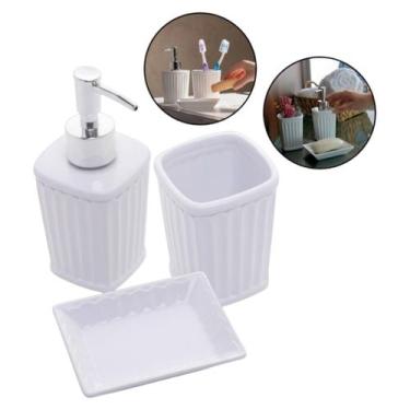Imagem de Kit Banheiro Lavabo Dispenser Saboneteira Pote Cerâmica 3pçs Branco - 