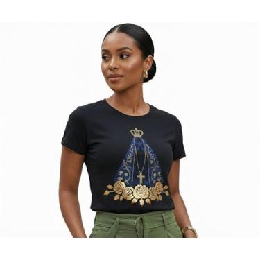 Imagem de T-Shirt Feminina Católica Nossa Senhora Aparecida Algodão Cores:Azul e