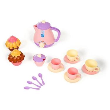Imagem de Kit de Lanchinho Infantil Brincando de Casinha com Xícaras Bule Açucareiro Pratos Colheres e Cupcakes