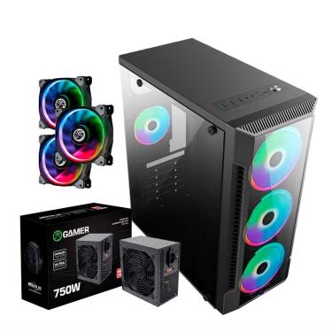 Imagem de Gabinete Gamer + Fonte 750w + Kit 3 Cooler Gamer - Brazilpc- C/ Lateral de Vidro