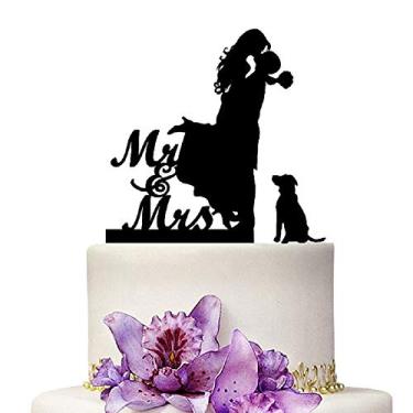 Imagem de YAMI COCU Topos de bolo de casamento Mr And Mrs noiva e noivo com silhueta de cachorro decoração de festa de noivado