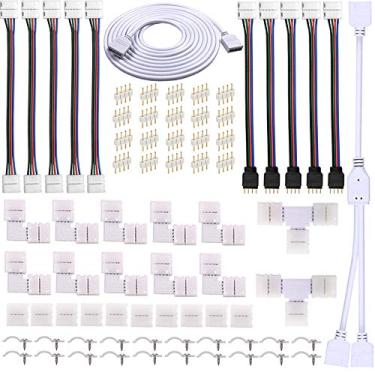 Imagem de FSJEE Kit de conector de fita LED de 4 pinos para fita de luz LED de 10 mm 5050 RGB (não RGBIC), inclui 8 tipos de acessórios sem solda, fornece a maioria das peças para projetos de iluminação DIY