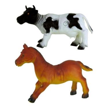Imagem de Kit Brinquedos Animais Da Fazenda Cavalo E Vaca De Borracha Com Som -