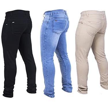 Imagem de Kit 3 Calças Jeans Masculina Skinny Moderna Preta/Clara/Palha
