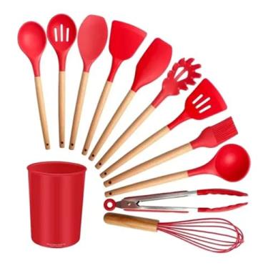 Imagem de Kit Utensílios Cozinha Silicone Colher Copo Suporte 12 Peças Cor:Vermelho