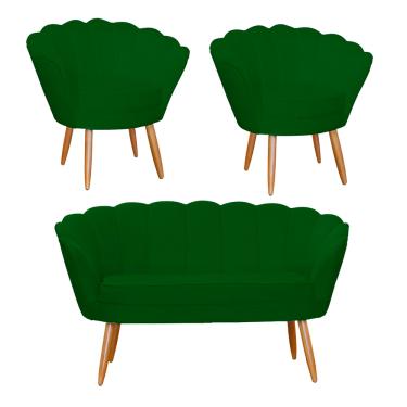 Imagem de Jogo Pétala Namoradeira e 2 Poltronas Estofada Para Recepção Suede Verde - LM DECOR
