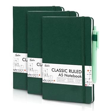 Imagem de feela Pacote com 3 cadernos, diários a granel com 3 canetas pretas, caderno de capa dura A5, conjunto de diário pautado clássico com suporte de caneta para anotações, 120 g/m2, 13 x 21 cm, verde