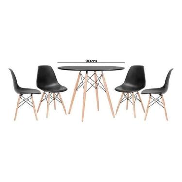 Imagem de Jogo de Mesa 4 Cadeiras Pretas Eames Eiffel 90cm Base Madeira Tampo Preto NEW