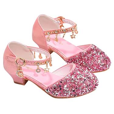 Imagem de CsgrFagr Sapatos femininos de flores salto Mary Jane festa de casamento sapatos balé dança princesa glitter sapatos para pequenos, rosa, 1 Big Kid