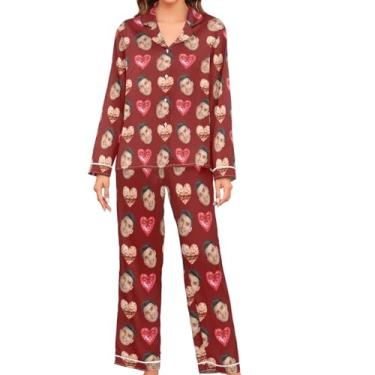Imagem de JUNZAN Conjunto de pijama feminino de manga comprida personalizado vermelho rosa cetim 2 peças loungewear abotoado pijama feminino, Marrom, P