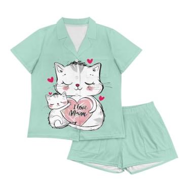Imagem de Gzzxiailg Roupa de dormir feminina de verão de manga curta com bolsos, conjunto de camisa de dormir com shorts, tamanho P-2GG, Mamãe Gata, P