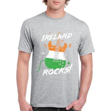 Imagem de Camiseta masculina Ireland Rocks Guitar Flag St Patrick's Day Shamrock Groove Vibe Pub Celtic Rock and Roll Clove, Cinza, 5G