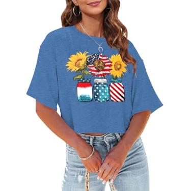 Imagem de Camiseta cropped feminina com bandeira americana EUA camiseta patriótica 4 de julho Memorial Day camiseta feminina cropped tops, Girassol - azul, M