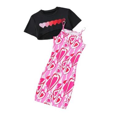 Imagem de WDIRARA Camiseta feminina de manga curta com gola redonda e estampa de tinta salpicada, Preto e rosa, 8 Anos