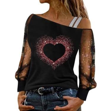 Imagem de Camiseta feminina estampada Dia dos Namorados Love Heart Graphic Tees Camiseta Slim Fit Raglans Tops manga longa, Vermelho, GG