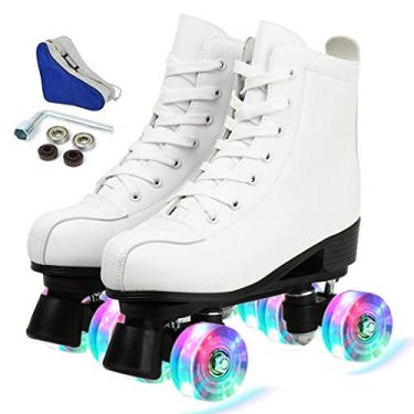 Imagem de Patins femininos de cano alto com sola de couro PU e rodas brilhantes - Inclui bolsa de transporte (branco, BR: 9)