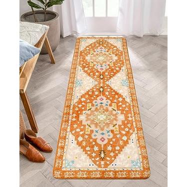 Imagem de Uphome Tapete de corredor boho laranja antiderrapante macio tapete de banheiro oriental lavável à máquina tapete rústico tribal floral decoração de casa tapete para quarto de crianças entrada, 61 x