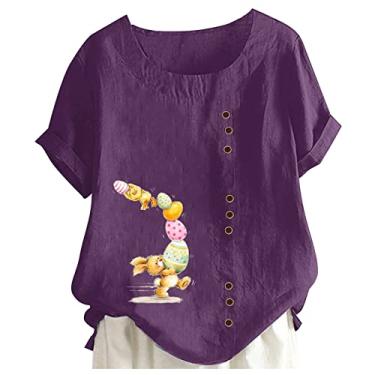 Imagem de Camiseta de Páscoa feminina de linho com estampa de coelho, manga curta, gola redonda, túnica, caimento solto, camisa de verão, Roxa, G