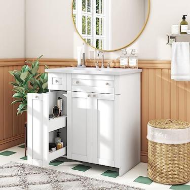 Imagem de GOWE Vaidade de banheiro branca de 76,2 cm com pia única, pia de armário combo de montagem inferior, vaidades de armário de armazenamento de banheiro