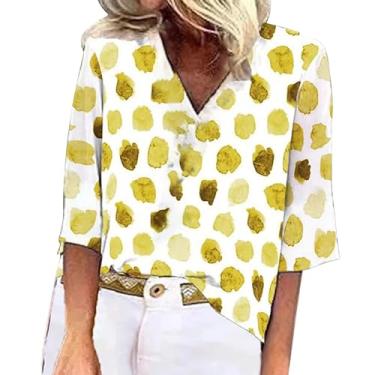 Imagem de Camisetas femininas com estampa de bolinhas manga 3/4 gola V 2024 blusas modernas elegantes confortáveis de verão túnicas casuais de ajuste solto, Amarelo, G