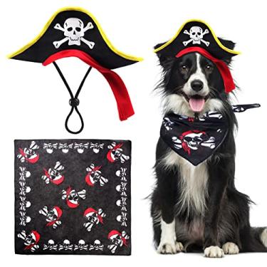 Imagem de Aichiyu 2 peças de chapéu de pirata de animal de estimação com estampa de caveira de pirata bandana cachorro gato capitão boné de Halloween pirata fantasia cosplay chapéu de festa de Halloween