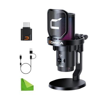 Imagem de Microfone USB sem fio comica Uni Pro D para computador e smartphone, microfone condensador cardióide RGB de 48 kHz/24 bits para jogos para podcasting, streaming, gravação, com suporte de mesa preto