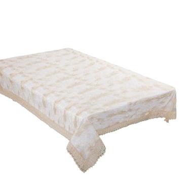 Imagem de Violet Linen Padrão espiral abstrato Fontainebleau, renda bordada de poliéster, com borda de renda de macramê, marfim, 177 cm por 304 cm, assentos de 10 a 12 pessoas, toalhas de mesa retangulares