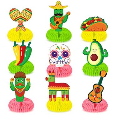 Imagem de Kristin Paradise 9 peças centrais mexicanas de favo de mel, decoração de mesa de festa de taco, decoração de mesa de festa cinco de maio, tema de aniversário cinco de maio para crianças, adultos, chá