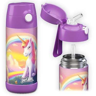 Imagem de Jarlson Charli Garrafa infantil de aço inoxidável com canudo – Frasco térmico de 350 ml – Testado TÜV – Livre de BPA – à prova de vazamento – Garrafa de água térmica para escola, berçário (unicórnio