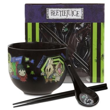 Imagem de Culture Fly Beetlejuice Conjunto de tigela de ramen para micro-ondas com pauzinhos e colher, tigelas de macarrão instantâneo de cerâmica de 590 ml com pauzinhos, tigela de macarrão ramen, tigela de