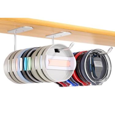 Imagem de Otelolify Pacote com 2 organizadores de tampa de copo, suporte de tampa de copo com economia de espaço de 20 cm para copo Yeti/Stanley Tumbler/tampas de copo simples e modernas, gancho autoadesivo ou
