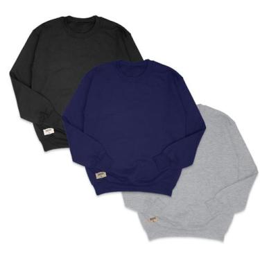 Imagem de Kit Moletom Masculino Preto, Cinza e Azul Sem Capuz - Di Nuevo, P, Cor