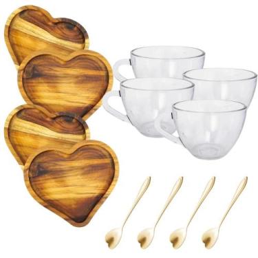 Imagem de Xicara chá com pires de madeira colher de coração para mesa - Carmisin
