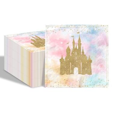 Imagem de Joliaco Guardanapos de papel de aniversário castelo de princesa 80 guardanapos descartáveis castelo arco-íris pastel guardanapos de castelo de glitter dourado para meninas suprimentos de festa de