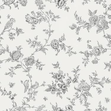 Imagem de VEELIKE Papel de parede floral cinza e branco para trilha, papel de parede Boho Bird para quarto, banheiro, 48 x 38 cm, removível, pré-colado, mural de parede de casa de campo, papel de contato de