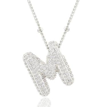 Imagem de CCINPPY Colar com letras, banhado a ouro 14 k, balão de bolha, colar delicado para mulheres, pingente de inicial grosso, pingente de nome, colar personalizado, Letter-M, Latão, Zircônia cúbica