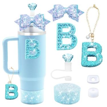 Imagem de Liangang Conjunto de acessórios de copo Stanley azul de 7 peças para copo Stanley 850 g 1,134 g, incluindo pingente de letra, tampa à prova de derramamento, canudo de diamante, canudo de laço, bota de