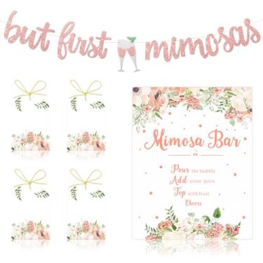 Imagem de Faisichocalato Mimosa Bar Sign But First Mimosas Banner Boho Floral Bridal Shower Decorations Rose Gold Baby Shower Graduation Decor for Sum-mer Brunch Bubbly Bar Themed Wedding Engagement Birthday