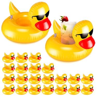 Imagem de Gemscream 24 peças de boias infláveis infláveis para bebidas de pato, suporte de bebida inflável e reutilizável para piscina, porta-copos infláveis fofos para meninos e meninas, piscina, banheiras de