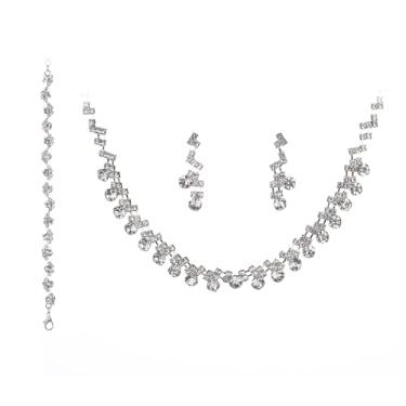 Imagem de Kercisbeauty Colar de strass de prata brilhante com pulseira de brincos para mulheres, conjunto de joias de casamento, one size, Aolly, Sem Pedra Preciosa