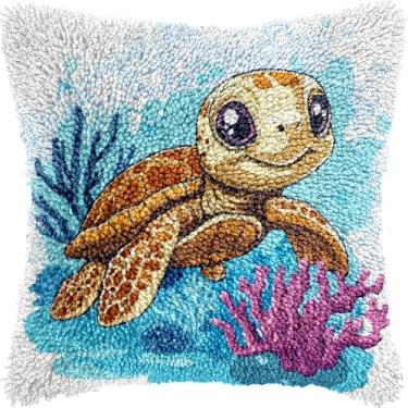 Imagem de Kits de gancho de trinco DIY fronha desenho animado tartaruga marinha coral fio de crochê almofada pré-impressa fronha gancho e kit de trava almofada decoração de sofá casa 43 x 43 cm (4)