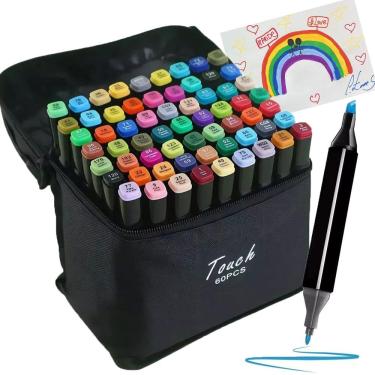 Imagem de Estojo Canetinhas 60 Cores Caneta Permanente Ponta Dupla Marcador Bolsa Faculdade