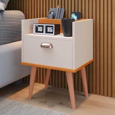 Imagem de Mesa de Cabeceira Compacta Retrô com Suporte para Celular Milena Gaveta e Puxador Concha (Off White/Cinamomo)