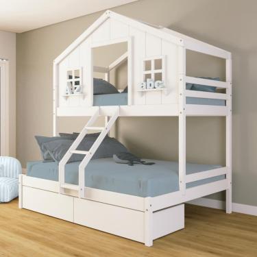 Imagem de Beliche Casal/ Solteiro Casinha dos Sonhos com 02 Gavetas Madeira Maciça Branco Housin