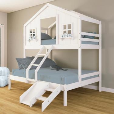 Imagem de Beliche Casal/ Solteiro Casinha dos Sonhos com Escada/ Escorregador Madeira Maciça Branco Housin